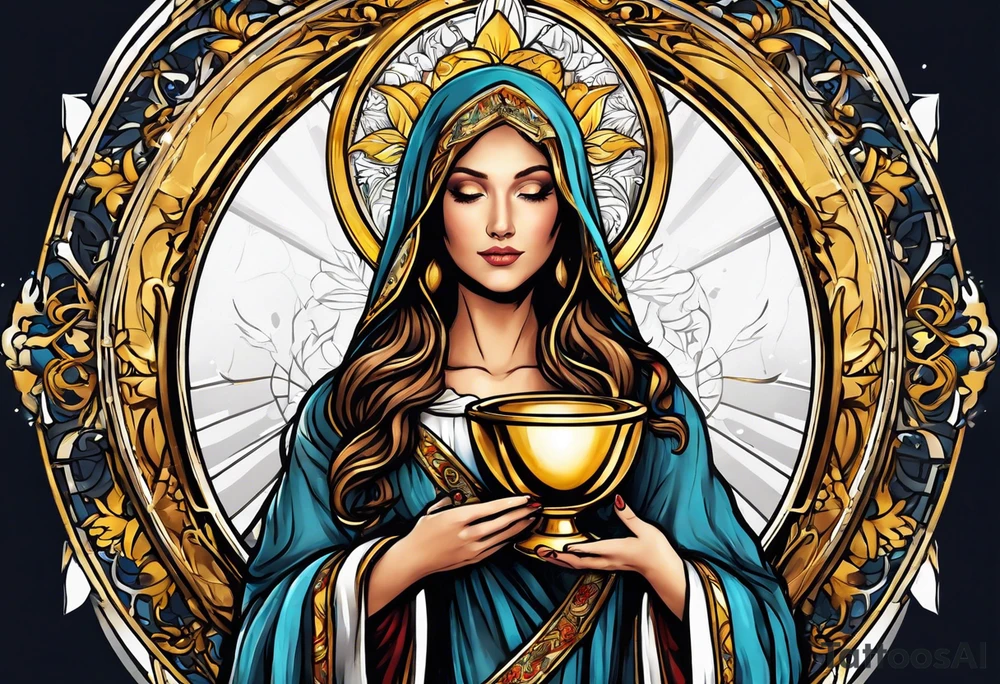 woman saint holding chalice surrounded by golden halo tattoo idea
