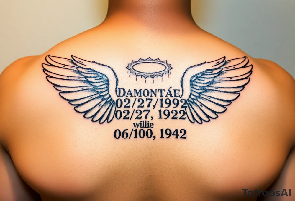 “Damontae 02/27/1992 and under that Willie Mae 06/10/1942” inside a pair of wings with a halo on top of the names and wings tattoo idea