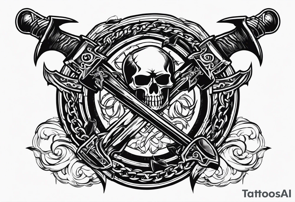 Valhalla sword round shield axe barbed wire chains dark cloud tattoo idea