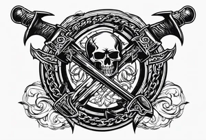 Valhalla sword round shield axe barbed wire chains dark cloud tattoo idea