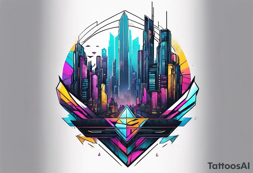 cyberpunk 2077, chest tattoo, geometric, subtle, men, city skyline, 4k tattoo idea