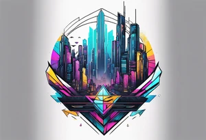 cyberpunk 2077, chest tattoo, geometric, subtle, men, city skyline, 4k tattoo idea