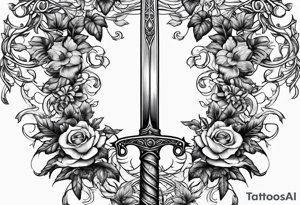 Leafy vines with sword tattoo idea