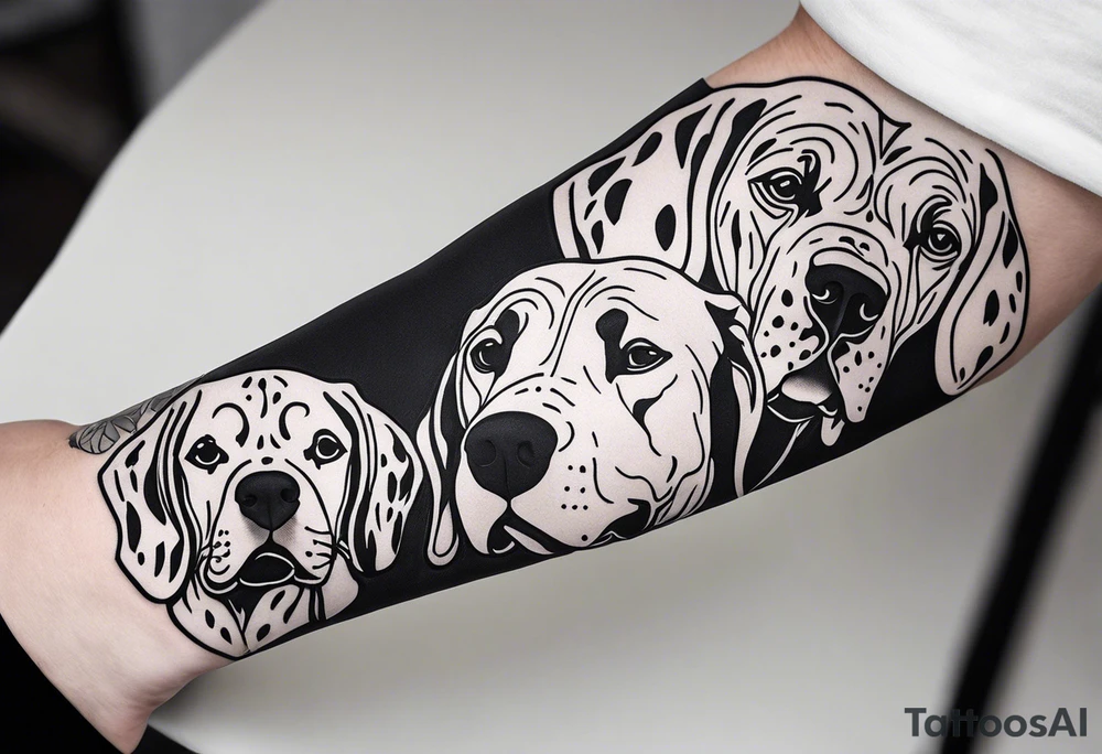 Arm sleeve that has 4 Great Dane heads mixed in with other fill work that resembles the outdoors tattoo idea