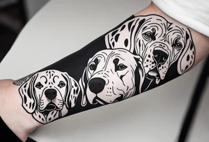 Arm sleeve that has 4 Great Dane heads mixed in with other fill work that resembles the outdoors tattoo idea