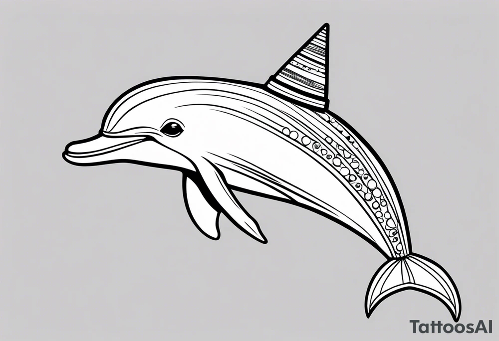 One dolphin wearing one party hat on top . Side view. Dolphin should be smiling. tattoo idea