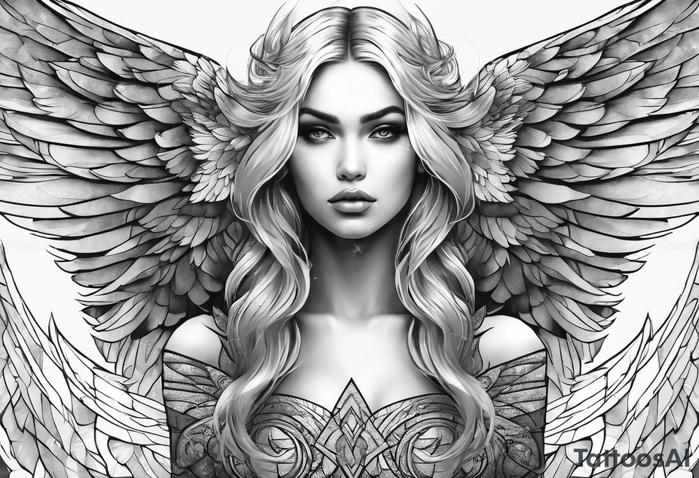 angel woman with big wings full body flying on the sky tattoo idea
