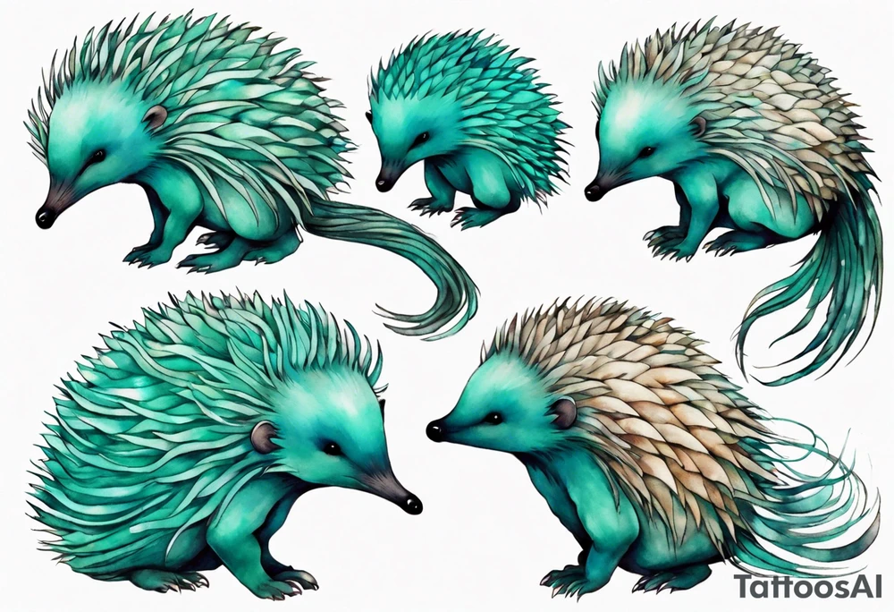 A beautiful Echidna with turquois scales and teal hair. tattoo idea