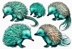 A beautiful Echidna with turquois scales and teal hair. tattoo idea