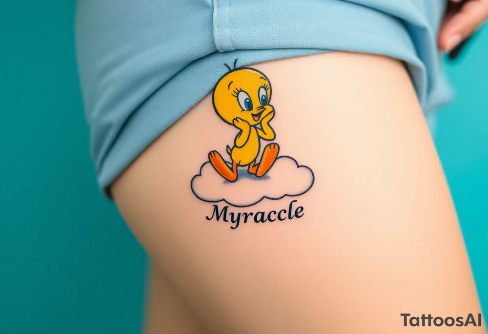 Tweety Bird on a cloud with his head in his hands looking up. Under the cloud in small capital letters is the name Myracle Blessing tattoo idea