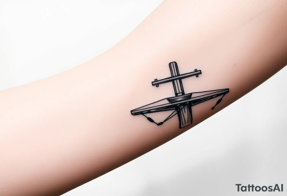 a wooden 12kv distribution pole with electrical lines. Make the pole a cross that has a hidden resemblance to god. tattoo idea