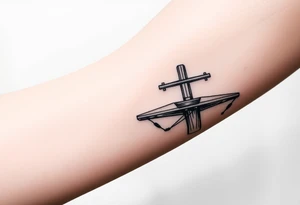 a wooden 12kv distribution pole with electrical lines. Make the pole a cross that has a hidden resemblance to god. tattoo idea