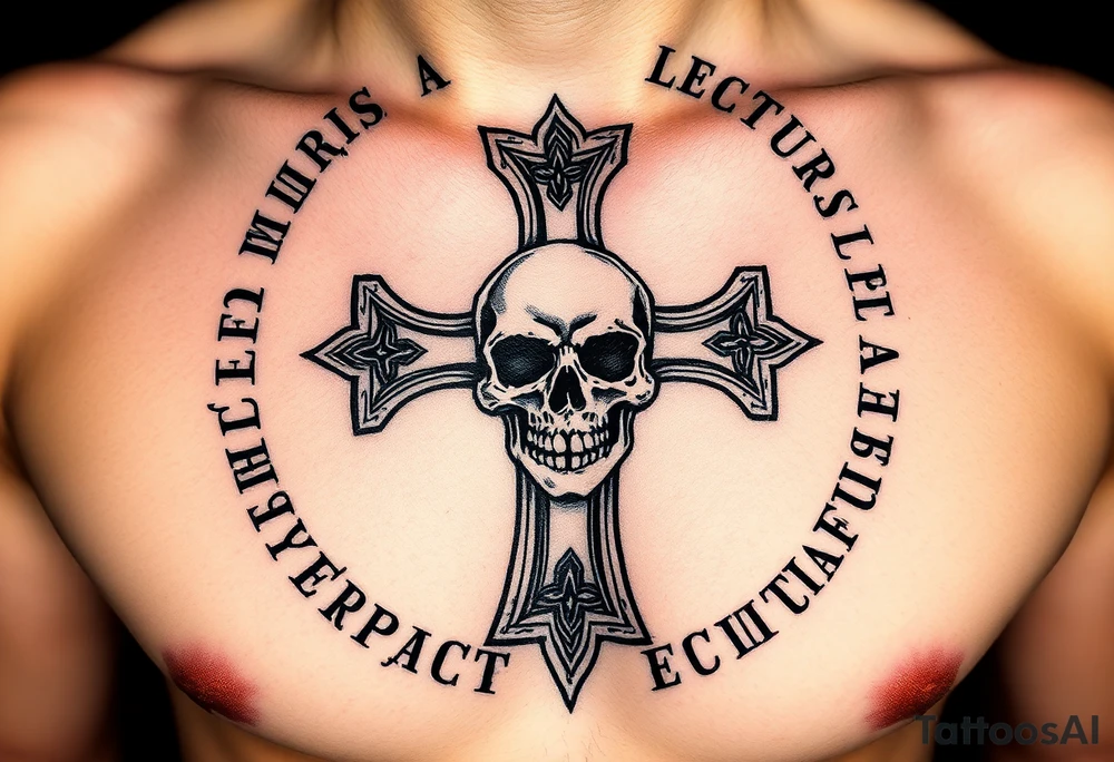 Latin words surrounding a ancient death cross with a skull in middle worshippers of the dead tattoo idea