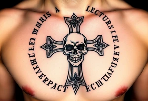 Latin words surrounding a ancient death cross with a skull in middle worshippers of the dead tattoo idea