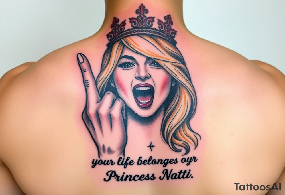 powerful blond findomme princess with crown on, holding up her middle finger laughing at you for being pathetic with caption “your life belongs to Princess Natti” tattoo idea