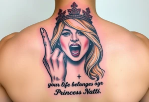 powerful blond findomme princess with crown on, holding up her middle finger laughing at you for being pathetic with caption “your life belongs to Princess Natti” tattoo idea