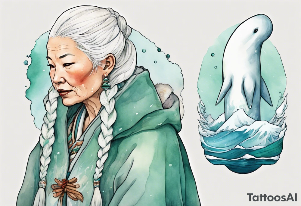 a 55-year-old Sami woman with white  hair wearing a white and mint cloak standing on an iceberg with a narwhal in the background tattoo idea