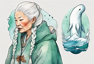 a 55-year-old Sami woman with white  hair wearing a white and mint cloak standing on an iceberg with a narwhal in the background tattoo idea