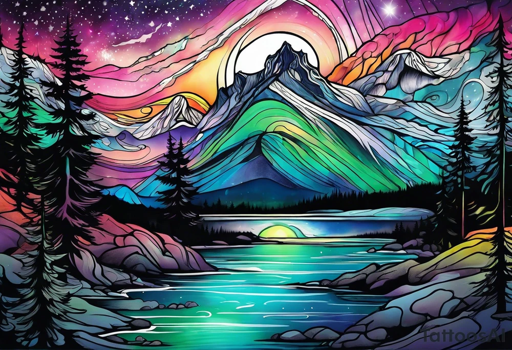 northern lights and mountain tattoo idea