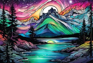 northern lights and mountain tattoo idea
