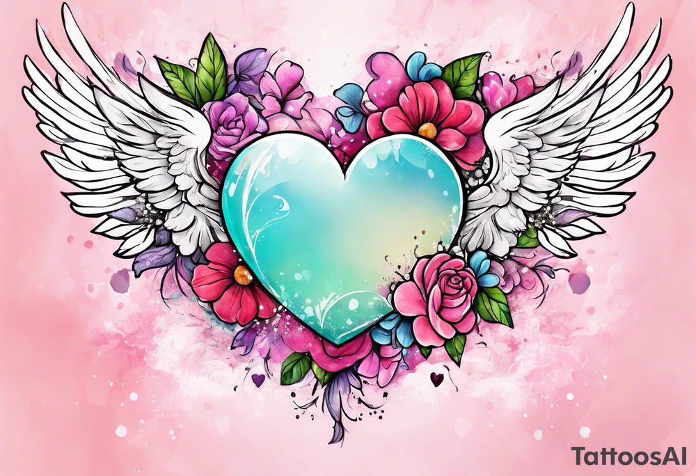 Flowers around a heart with angel wings with pink splatter water color background tattoo idea