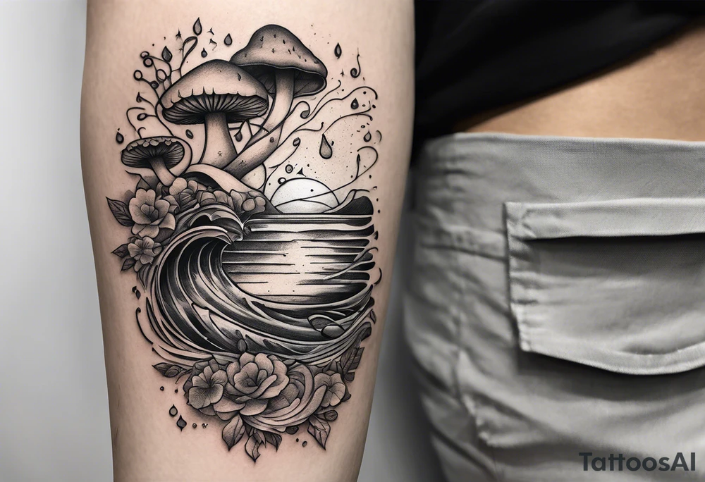 lots of empty space with simple line of icons down the back of the arm. there are four icons in this order:

1. a music note on a staff
2. a wave of water
3. a pocket
4. mushroom tattoo idea