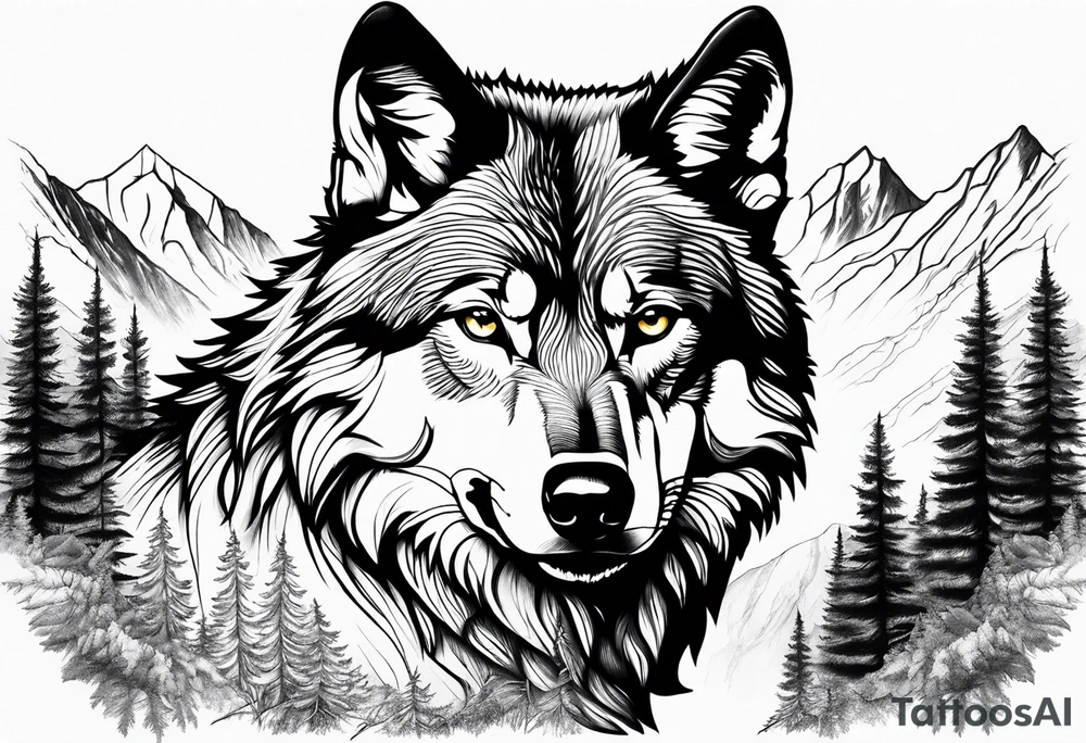 Mountains, wolf eyes underneath tattoo idea