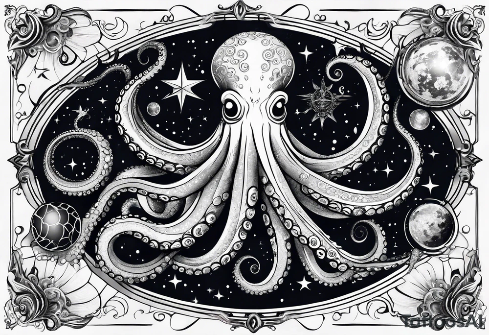 An octopus blended with celestial elements, such as stars and planets integrated into its tentacles. This can symbolize the octopus's reach and influence, connecting it to a broader universe. tattoo idea