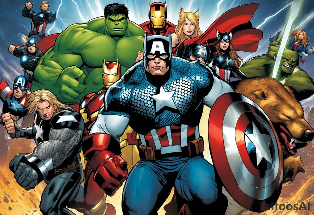 I want to change Avengers Team characters with animals. Hulk will be represented by a Badger.
Thor will be depicted as an Alpha Grey Wolf.
Captain America will be symbolized by a Bull.
Iron Man's character will be embodied by a Canary.
Black Widow's role will be portrayed by an Axolotl.
Hawkeye will be depicted as a Sudan Plated Lizard.
Nick Fury will be represented by a Cat. tattoo idea