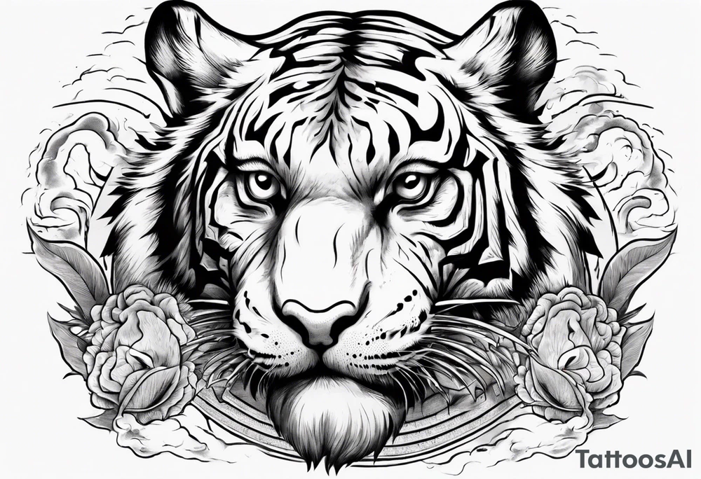 Ancient tiger with lightning and a sun for a forearm sleeve. With patterns surrounding it tattoo idea