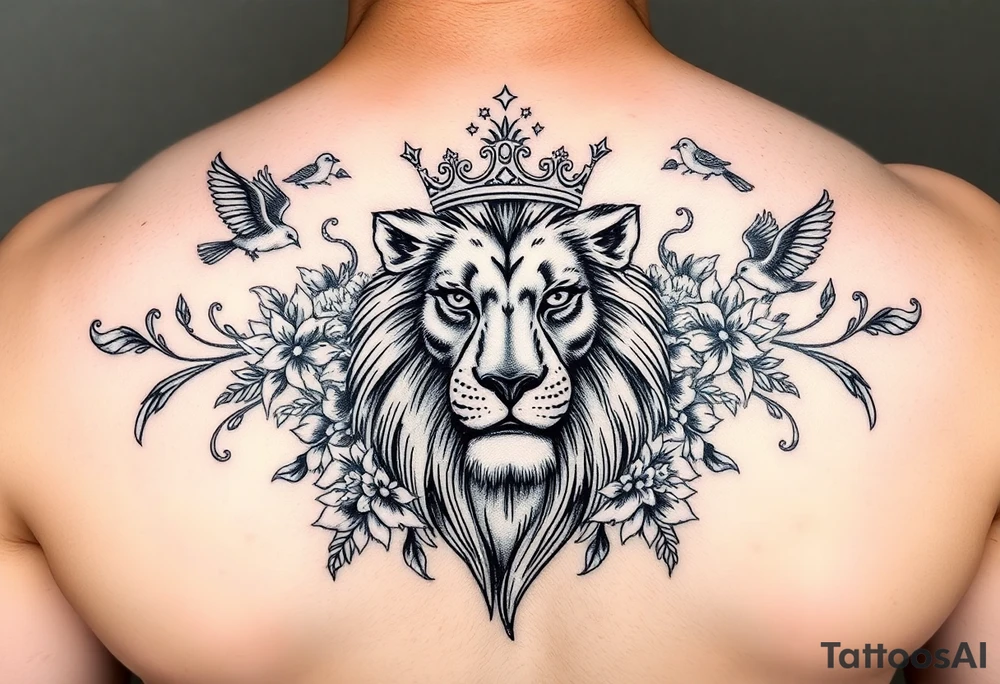 powerful majestic lion with a crown, surrounded by floral ornaments and birds tattoo idea