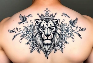 powerful majestic lion with a crown, surrounded by floral ornaments and birds tattoo idea
