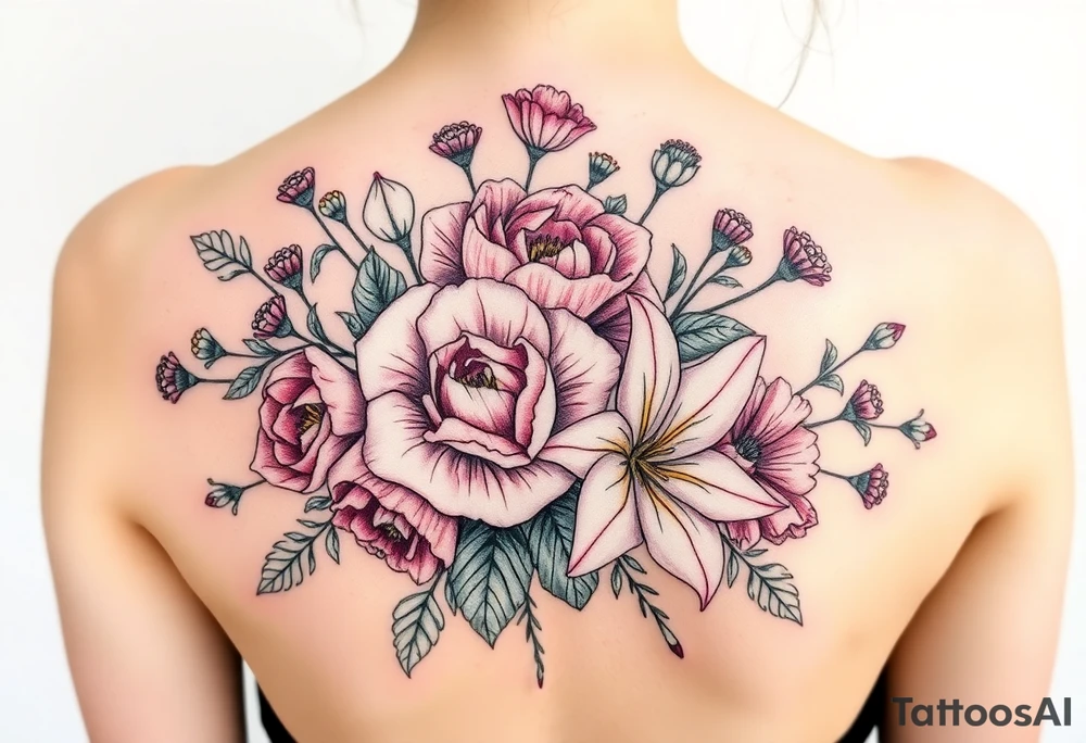 Bouquet Carnation rose lily luster and aster flower tattoo idea