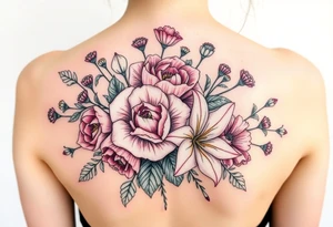 Bouquet Carnation rose lily luster and aster flower tattoo idea