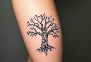 Knotty rugged tree of life on female whole leg tattoo idea