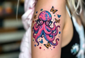 cute octopus, wearing glasses, friendly, surrounded by butterflies and oceanic items tattoo idea