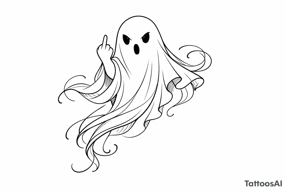 Playful ghost with middle finger, flowing ribbon, simple black ink outline. tattoo idea