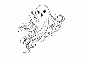 Playful ghost with middle finger, flowing ribbon, simple black ink outline. tattoo idea