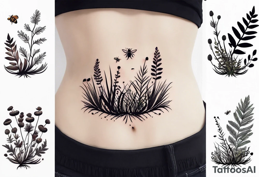 forest floor inspired minimalist tattoo, which includes grass, curly ferns, moss and dead leaves as the bulk of the tattoo. details to include: forest berries, a tiny bumblebee flying nearby, three small brown mushrooms
Generate a vertically long one tattoo idea