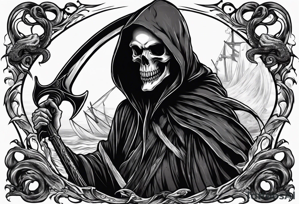 Grim reaper with a kraken in the background tattoo idea