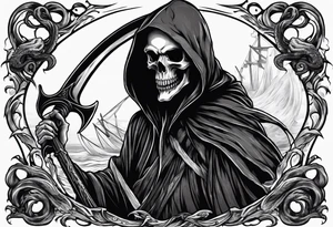 Grim reaper with a kraken in the background tattoo idea