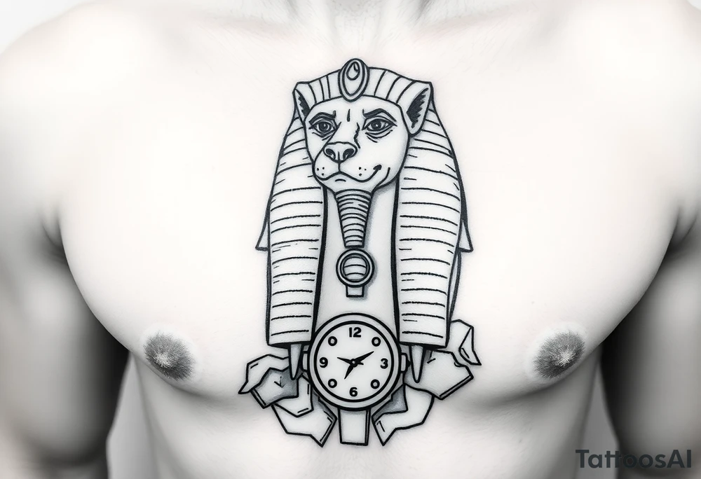 6. Esfinge descompuesta
Rostro de la Gran Esfinge, pero desmoronándose en bloques de piedra o arena flotante.

Puedes combinarlo con un reloj de arena dentro del pecho. tattoo idea