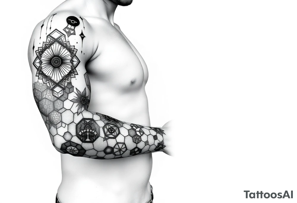 design a full “sleeve” tattoo that consists of a base layer of abstract hexagon pattern overlaid with a little blackwork abstract while incorporating the top tattoo and integrating slight biomech designs tattoo idea