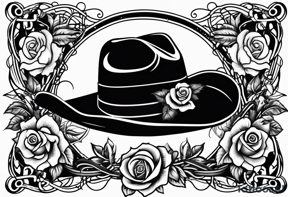 Country acoustic guitar with cowboy hat, barbed wire and roses in background tattoo idea