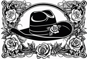 Country acoustic guitar with cowboy hat, barbed wire and roses in background tattoo idea