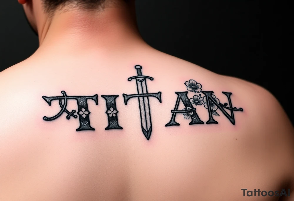 Name ‘Titan’ with birthday, Greek mythology inspired font with mini swords the T in Titan is a sword with Japanese inspired flowers tattoo idea