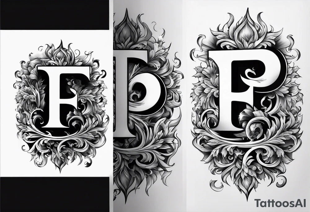 A backwards capital F next to a capital P with design elements around it. The left side should have elements of fire. The right side should have something that is fireproof or the opposite of fire. tattoo idea