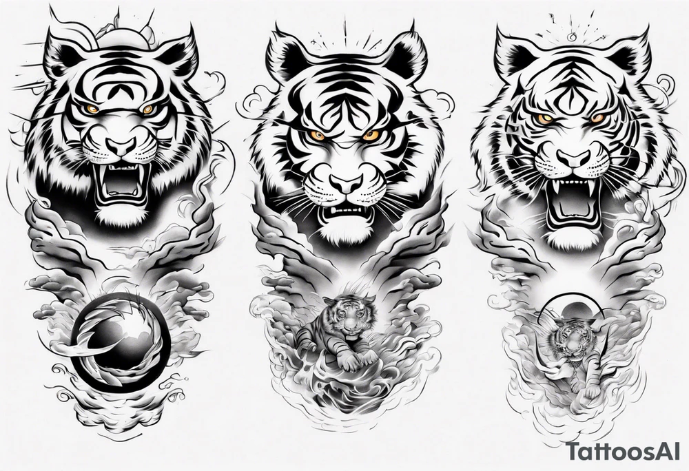 Tiger sleeve tattoo with lightning and the sun tattoo idea