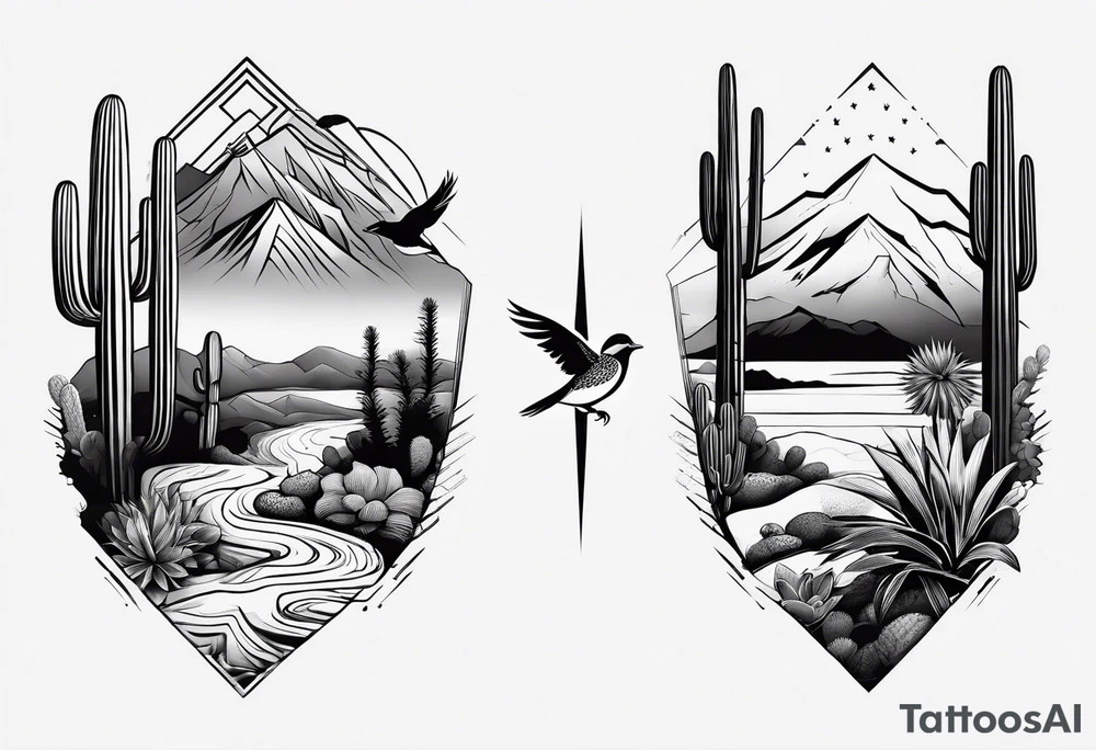 Mountains,  cactus, bird, forearm tattoo idea