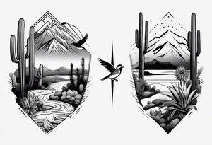 Mountains,  cactus, bird, forearm tattoo idea